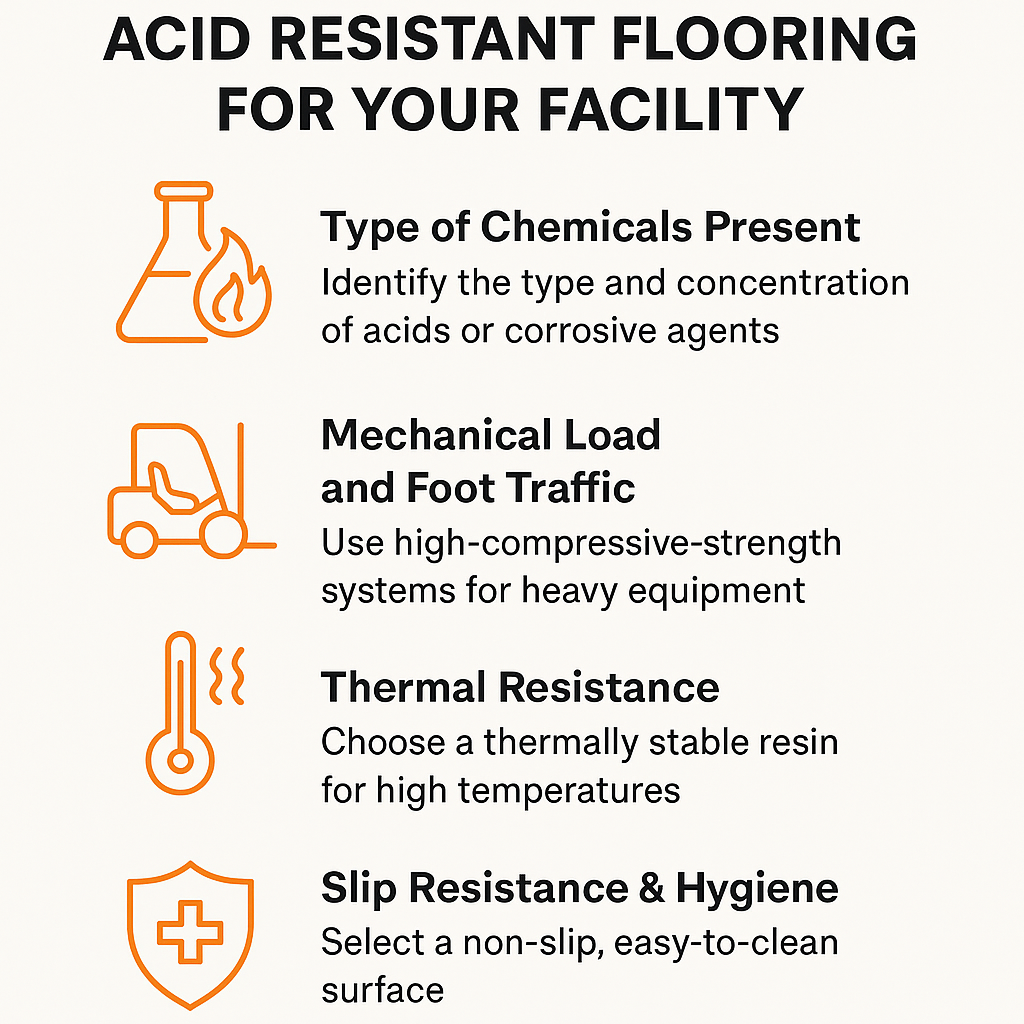 How to Choose the Right Acid Resistant Flooring for Your Facility 1 Infographic showing how to choose acid resistant flooring based on chemical type, mechanical load, temperature resistance, and hygiene